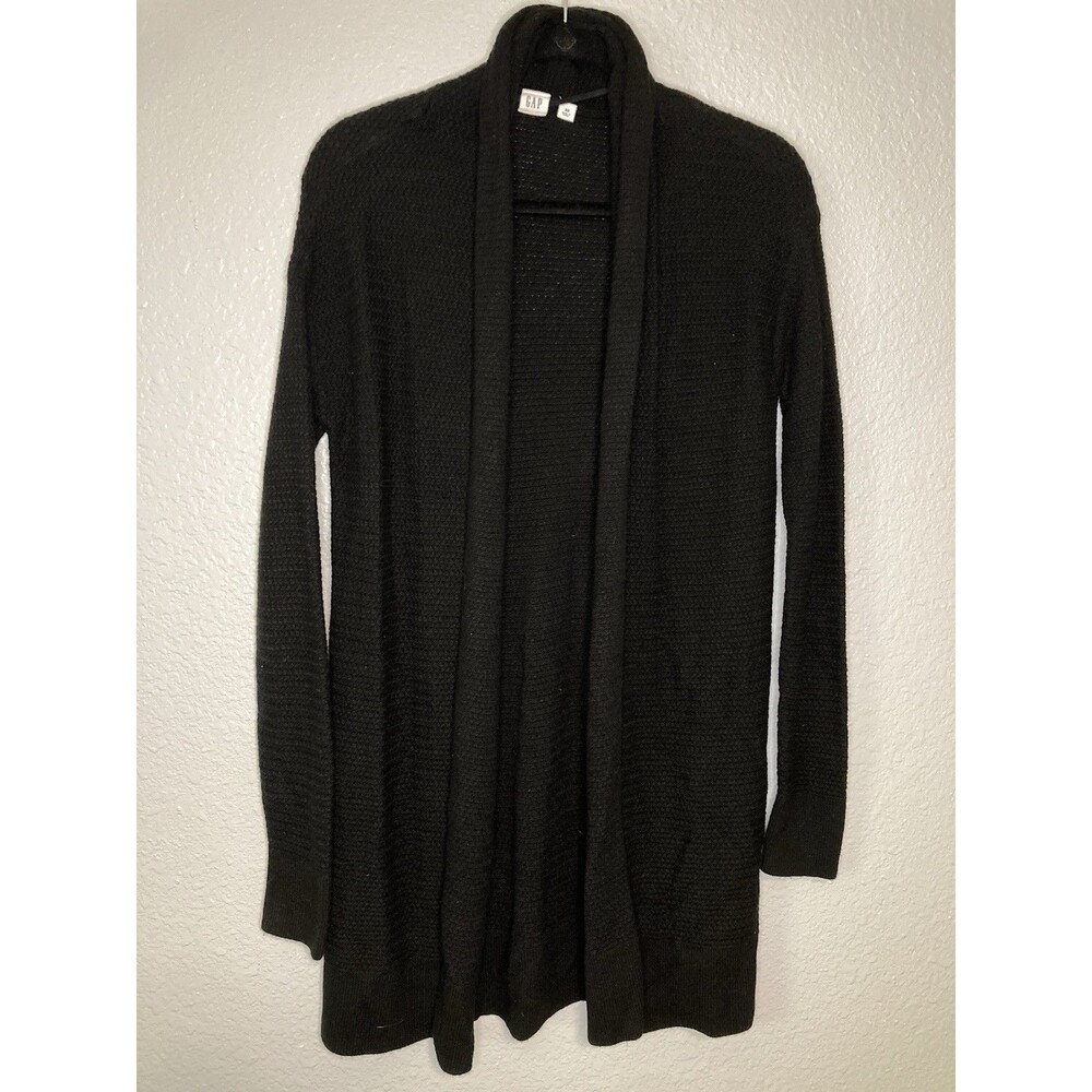 Gap Cardigan Sweater XS Women Black Merino Wool Blend Open Front Long Textured